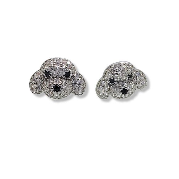Round White and Black Cubic Zirconia Silver Doggy Face Earrings - Picture 5 of 9